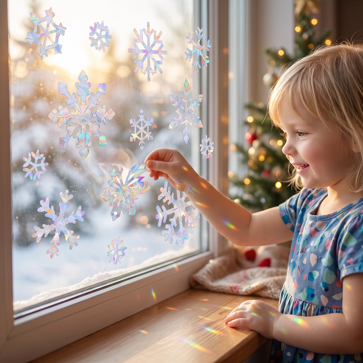 Återanvändbara Snöflinge-Fönsterdekaler med Regnbågsskimmer