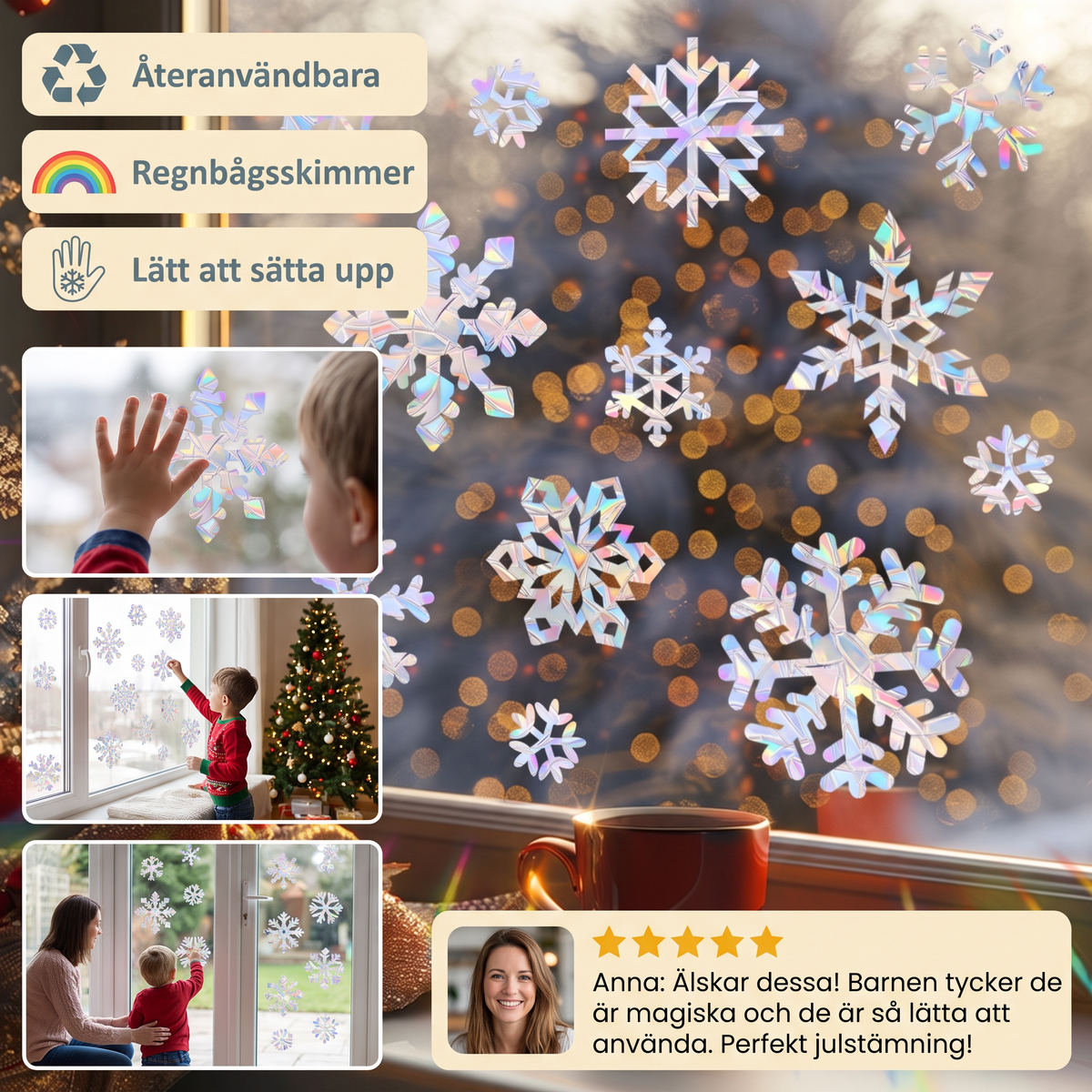Återanvändbara Snöflinge-Fönsterdekaler med Regnbågsskimmer