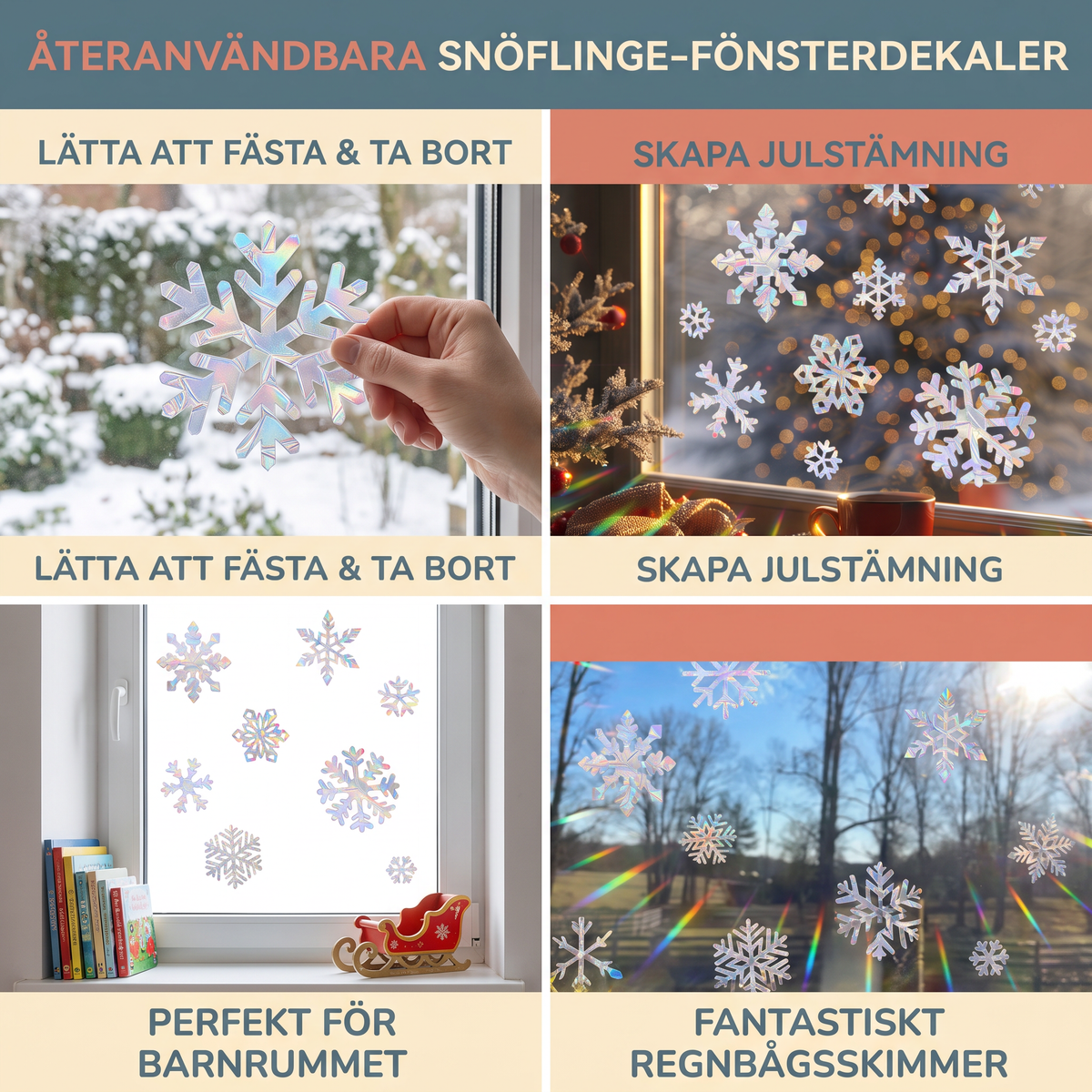 Återanvändbara Snöflinge-Fönsterdekaler med Regnbågsskimmer
