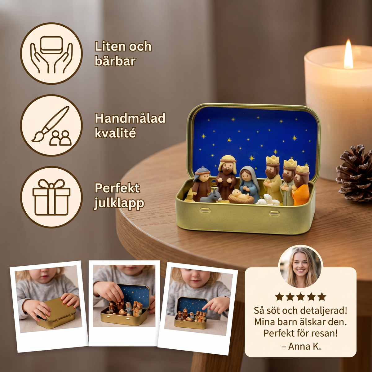 Mini-julkrubba i en ask – handmålat julfigursset