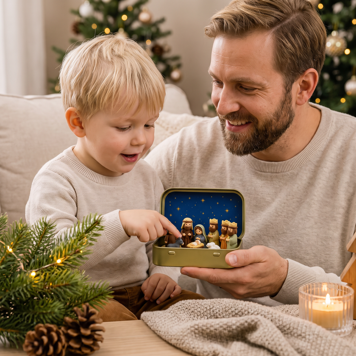 Mini-julkrubba i en ask – handmålat julfigursset