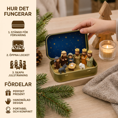 Mini-julkrubba i en ask – handmålat julfigursset