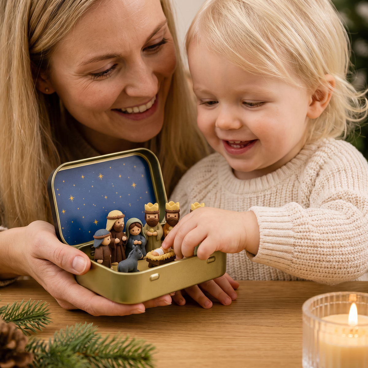 Mini-julkrubba i en ask – handmålat julfigursset