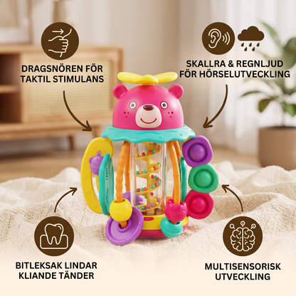 3-i-1 multisensorisk bitleksak med dragsnören, skallra och regnljud för bebisar