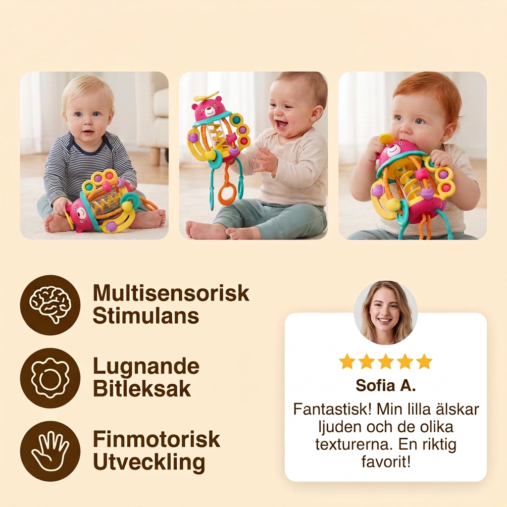 3-i-1 multisensorisk bitleksak med dragsnören, skallra och regnljud för bebisar