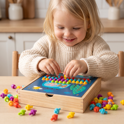4-i-1 Montessori Sensorisk Reseaktivitetstavla i Trä med Kugghjul och Färgglada Pluggar