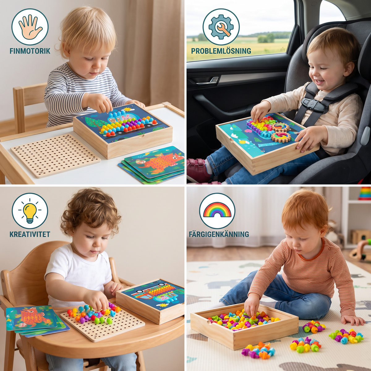 4-i-1 Montessori Sensorisk Reseaktivitetstavla i Trä med Kugghjul och Färgglada Pluggar