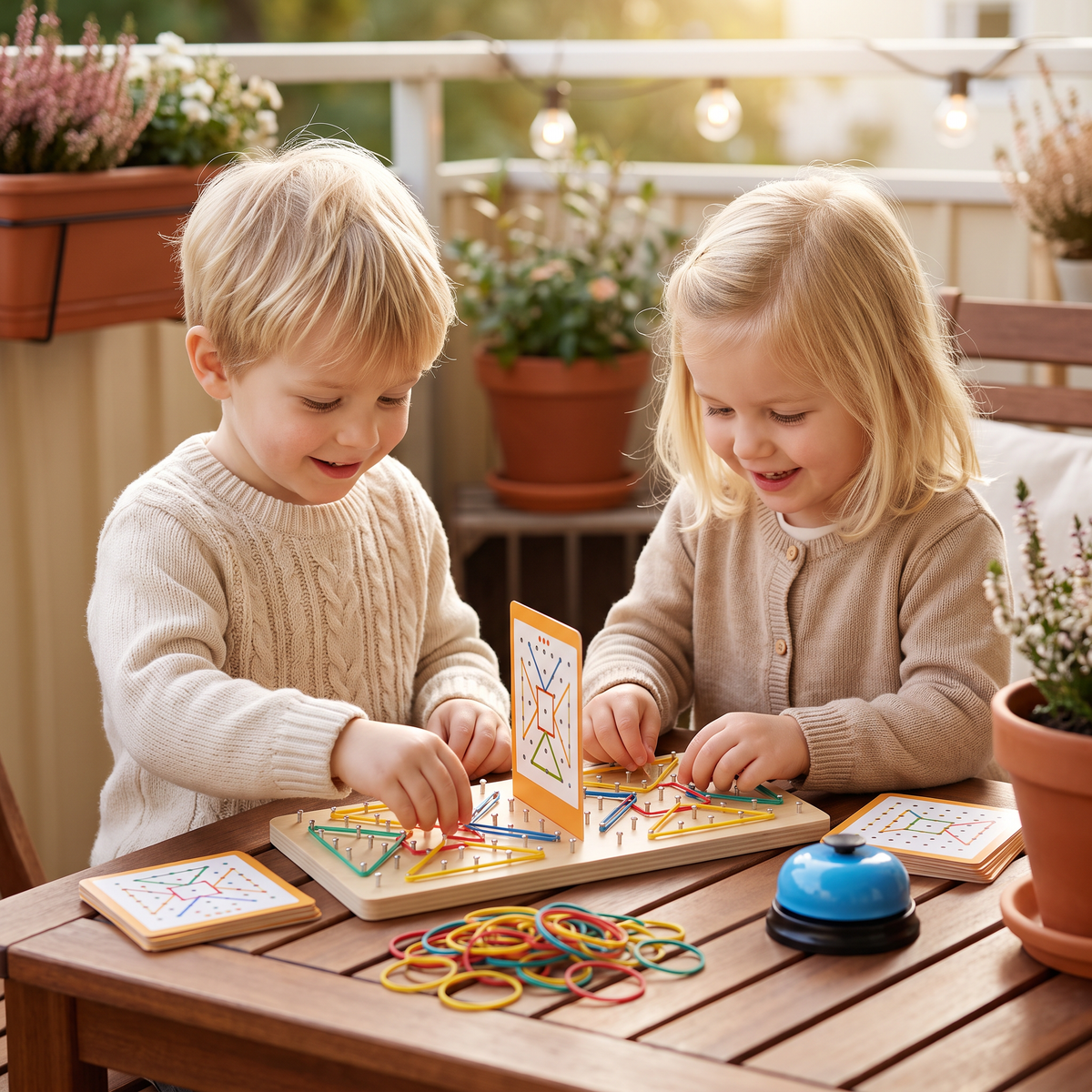 Montessori Geometriskt Duelspel i Trä med Färgglada Gummiband