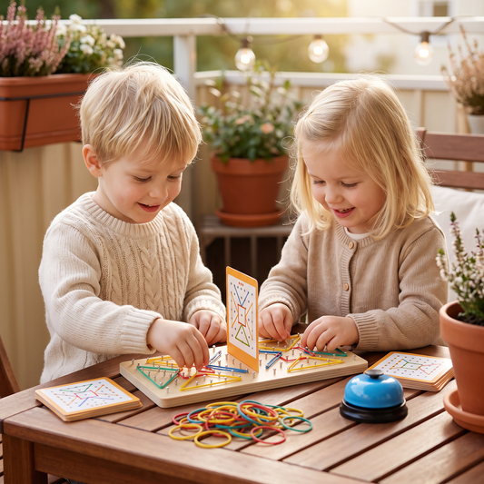 Montessori Geometriskt Duelspel i Trä med Färgglada Gummiband