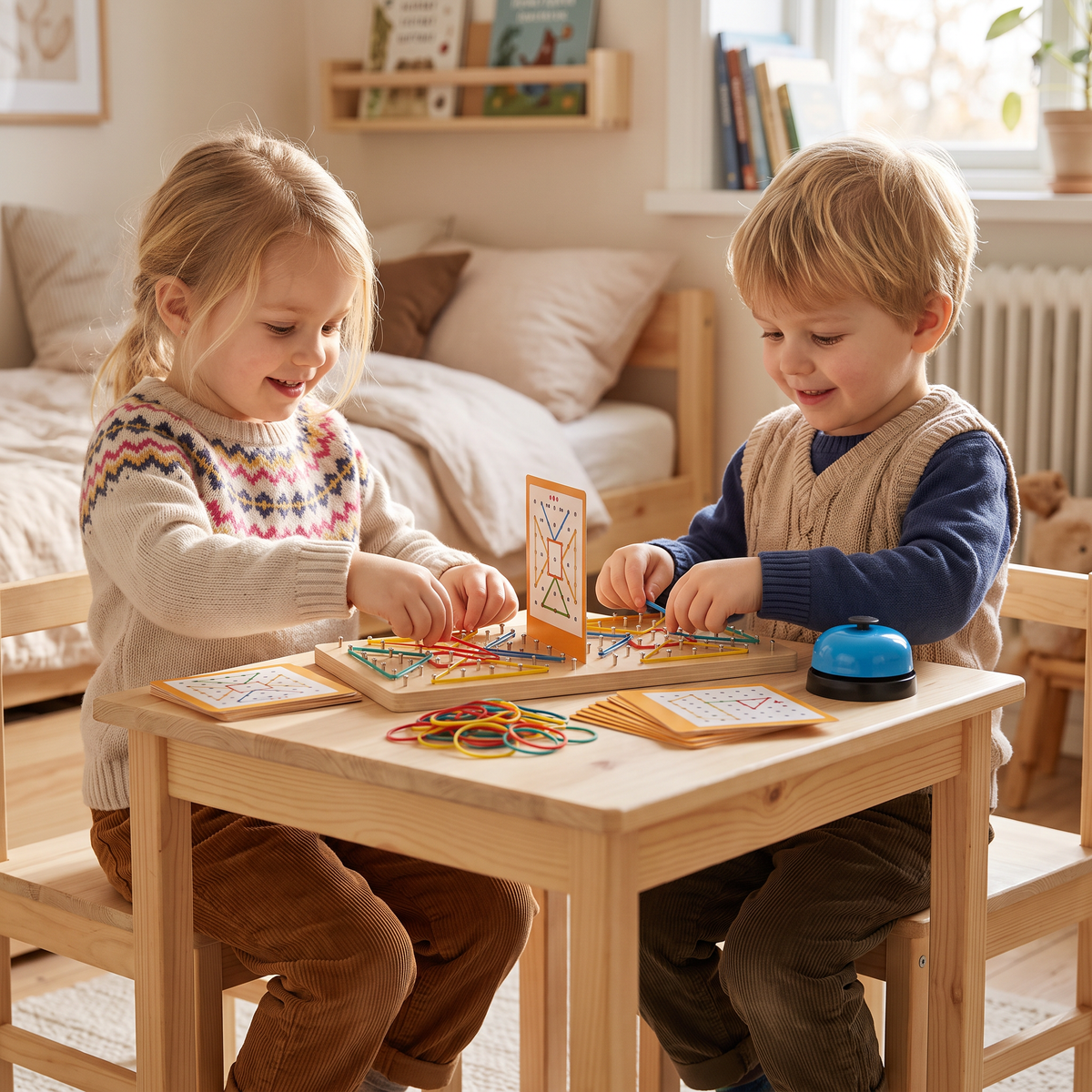 Montessori Geometriskt Duelspel i Trä med Färgglada Gummiband