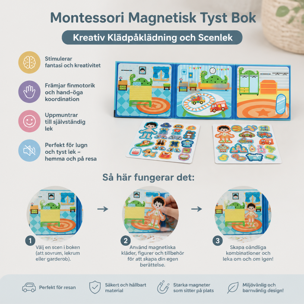 Montessori Magnetisk Tyst Bok – Kreativ Klädpåklädning och Scenlek