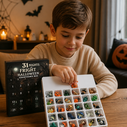 Halloween-nedräkningskalender med läskiga överraskningsminifigurer och berlocker