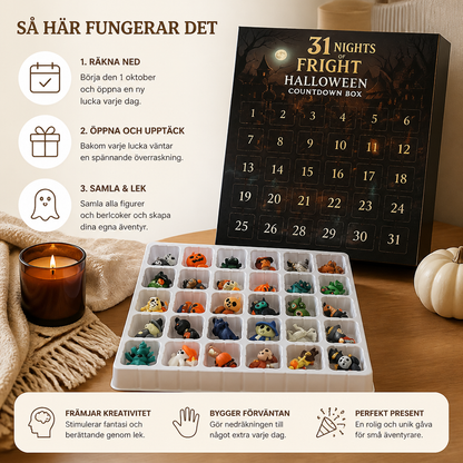 Halloween-nedräkningskalender med läskiga överraskningsminifigurer och berlocker