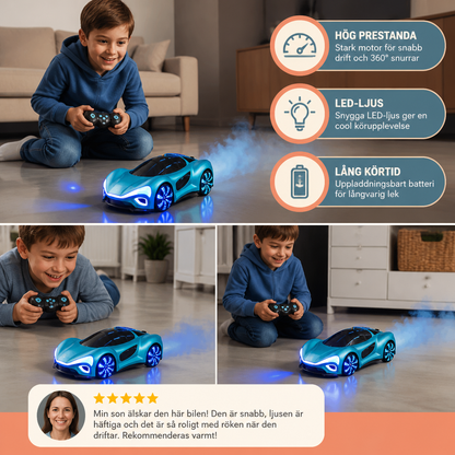 Lysande RC-driftbil med sprejeffekt och laddstation