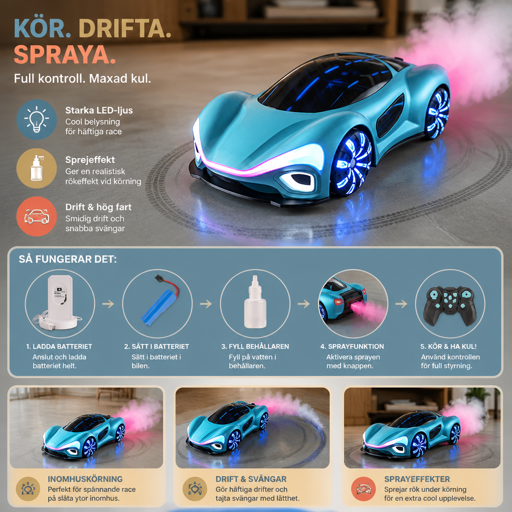 Lysande RC-driftbil med sprejeffekt och laddstation