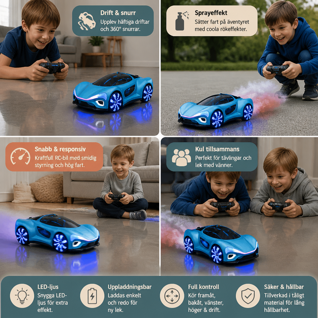 Lysande RC-driftbil med sprejeffekt och laddstation