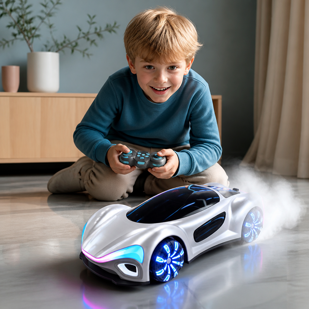 Lysande RC-driftbil med sprejeffekt och laddstation