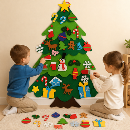 DIY-julgran i filt för barn med dekorativa hängen
