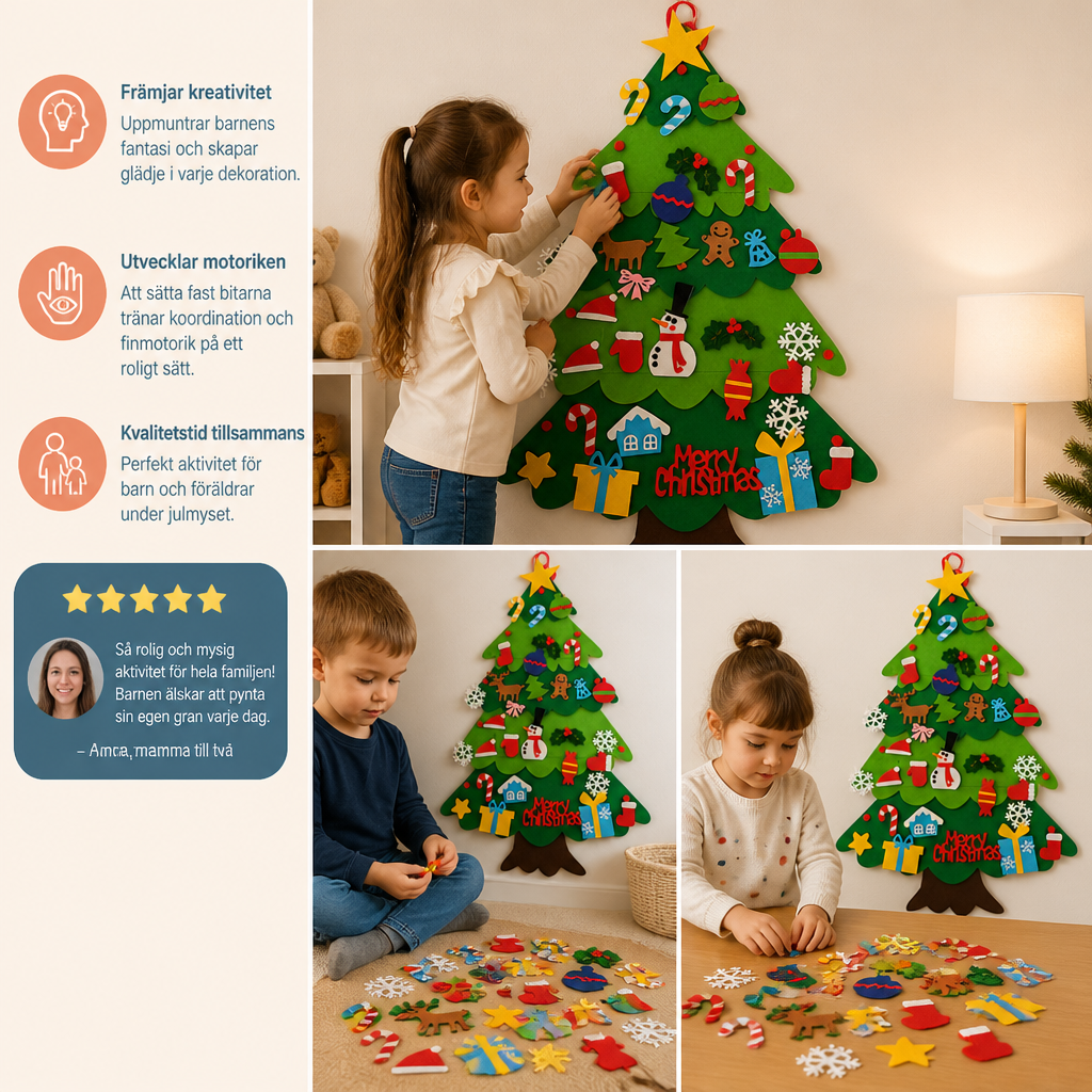 DIY-julgran i filt för barn med dekorativa hängen