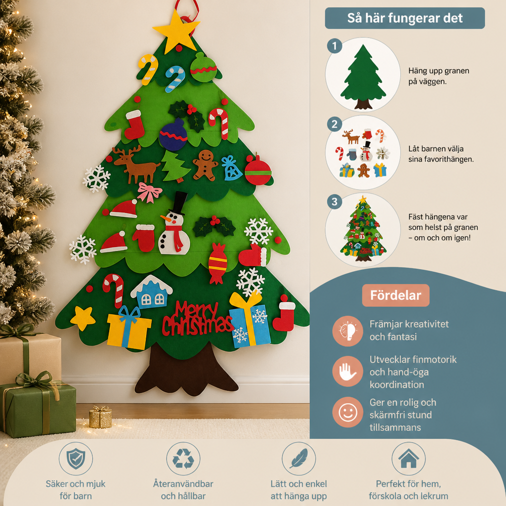 DIY-julgran i filt för barn med dekorativa hängen