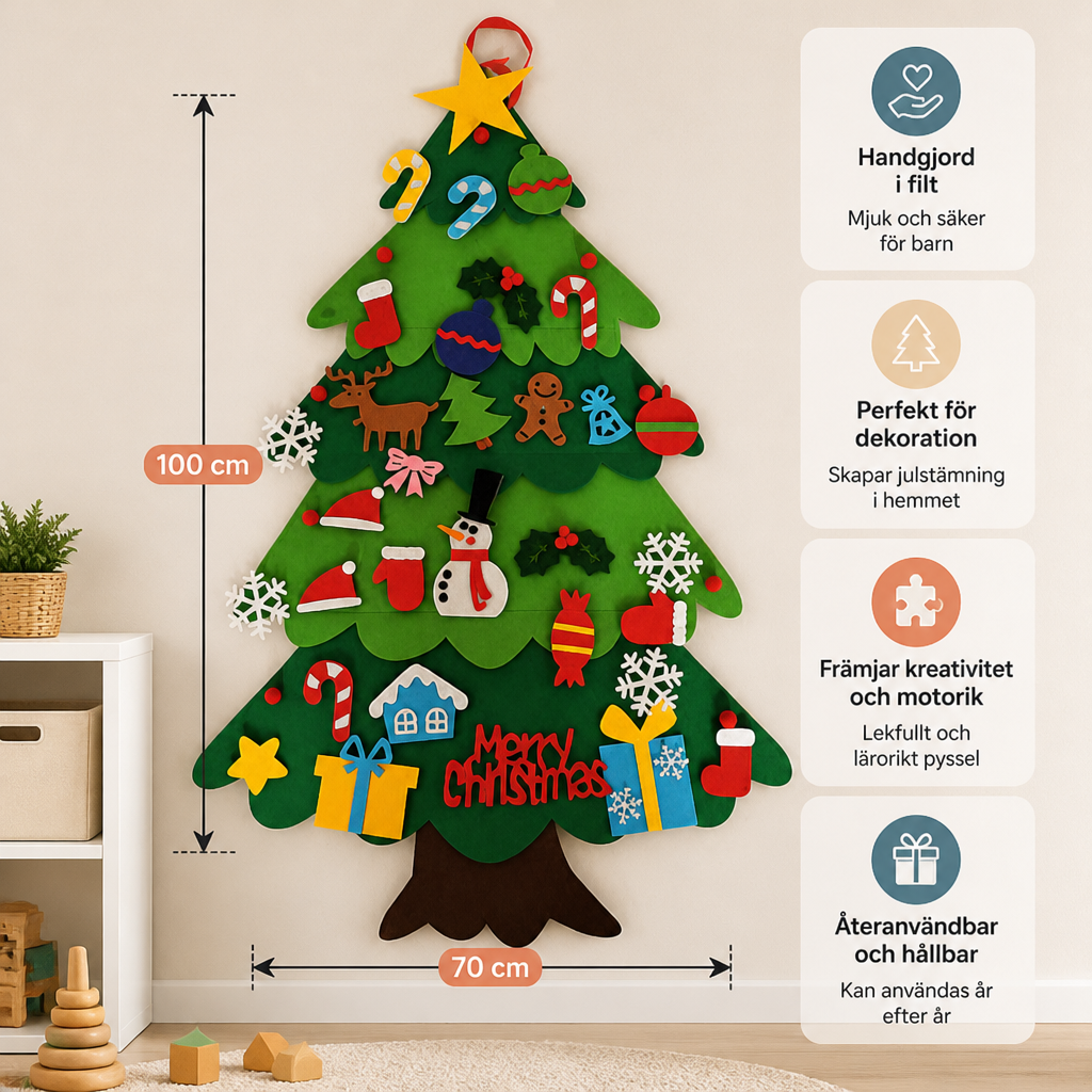 DIY-julgran i filt för barn med dekorativa hängen