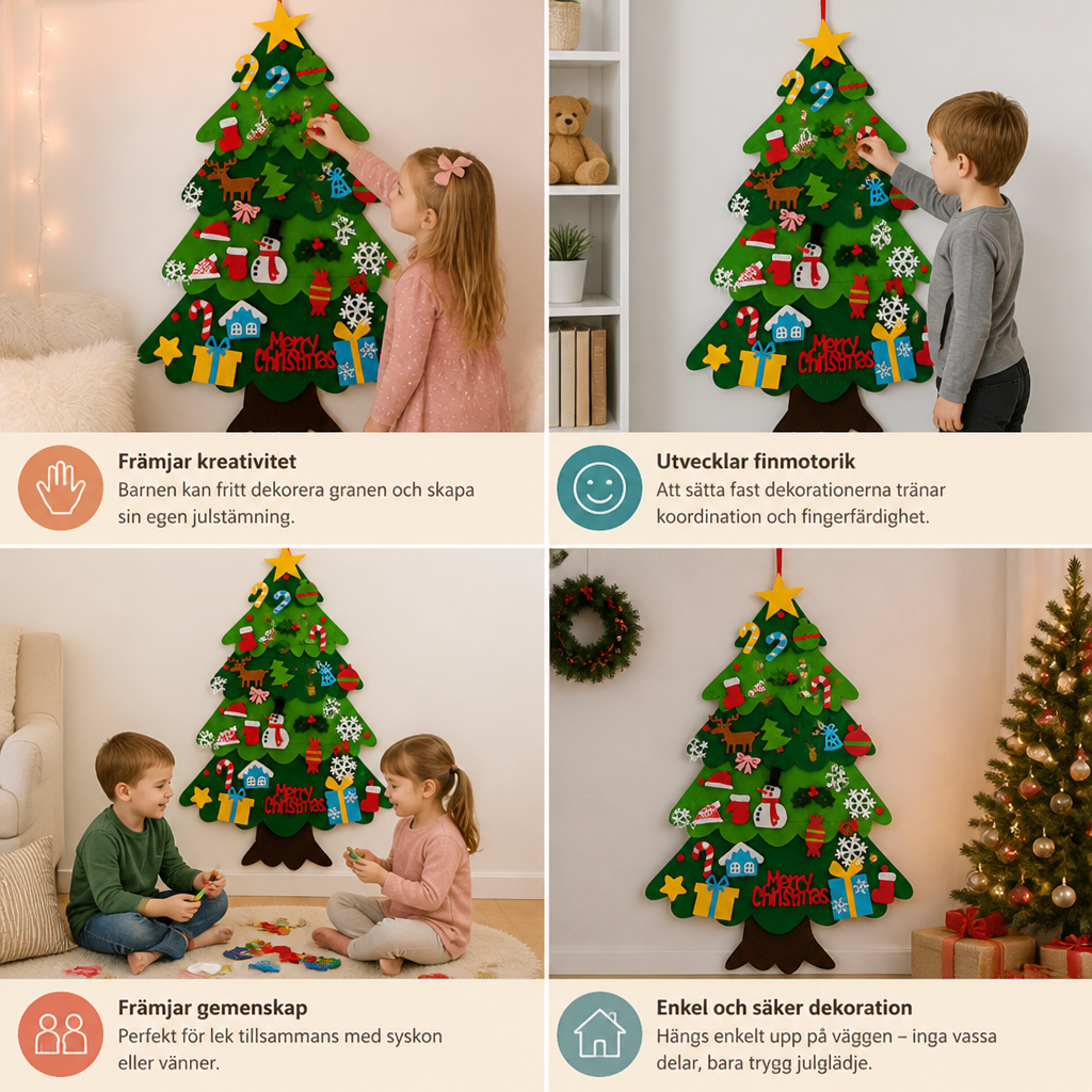 DIY-julgran i filt för barn med dekorativa hängen