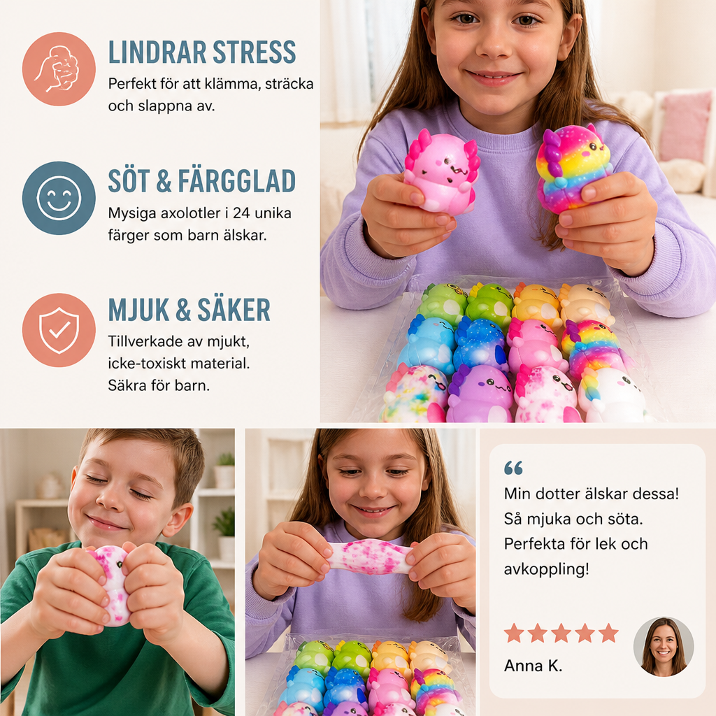 12-pack mjuka axolotl-squishies – antistressleksaker