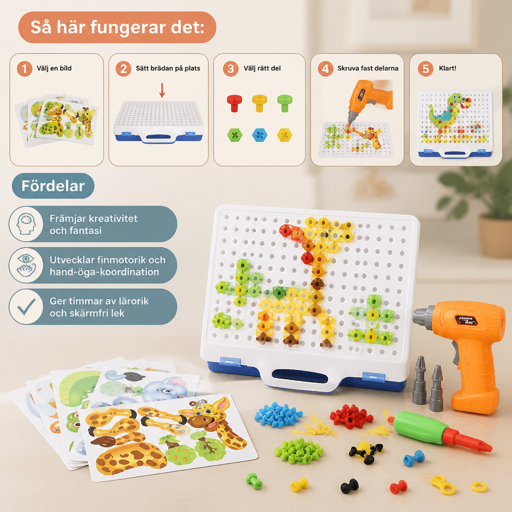 Safari-djur byggklossset med elektrisk leksaksborr för barn