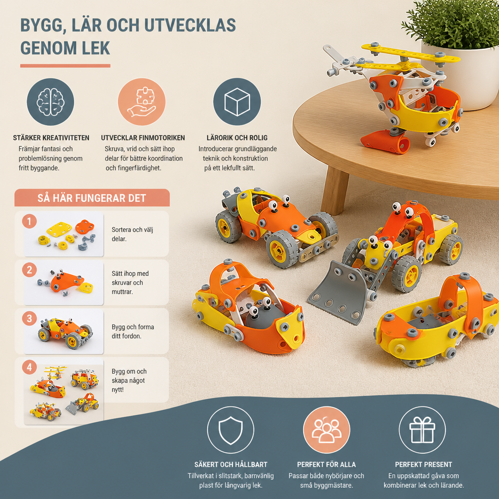 Flexibelt STEM-byggset med skruvar och muttrar