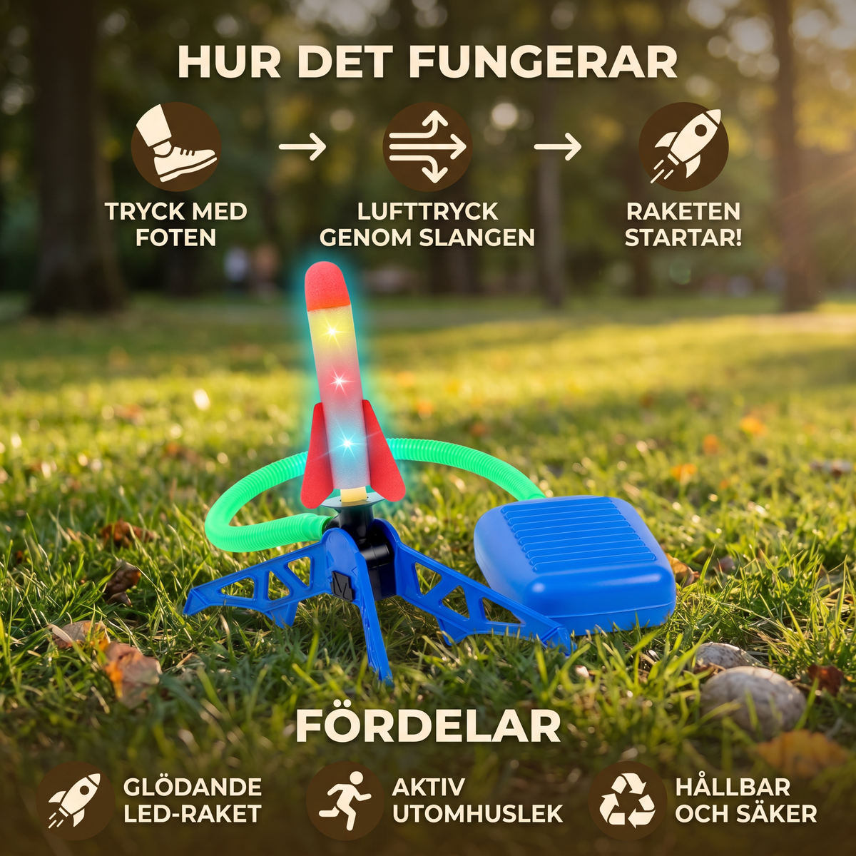 Barn Raketstarter med Fotpump – Glödande Utomhus Lufttrycksleksak