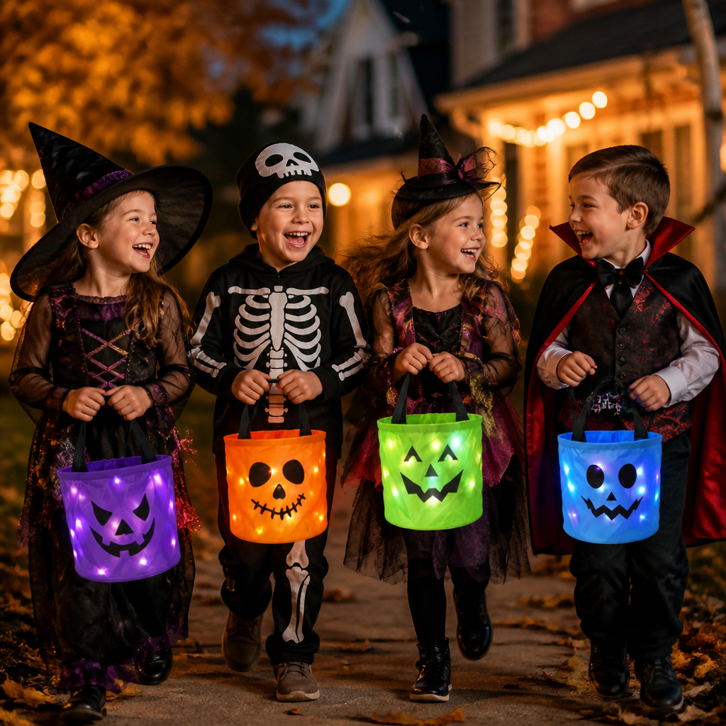 LED-halloweenkorg för godis – återanvändbar lysande väska för bus eller godis