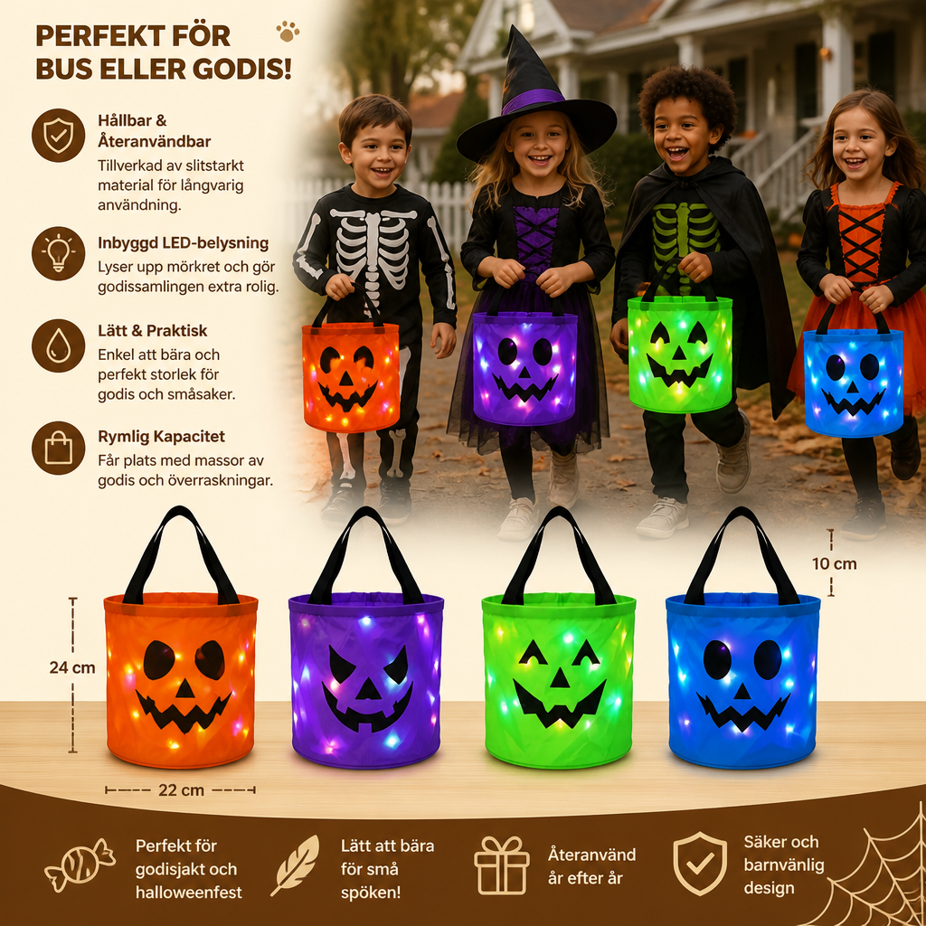 LED-halloweenkorg för godis – återanvändbar lysande väska för bus eller godis
