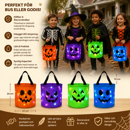 LED-halloweenkorg för godis – återanvändbar lysande väska för bus eller godis