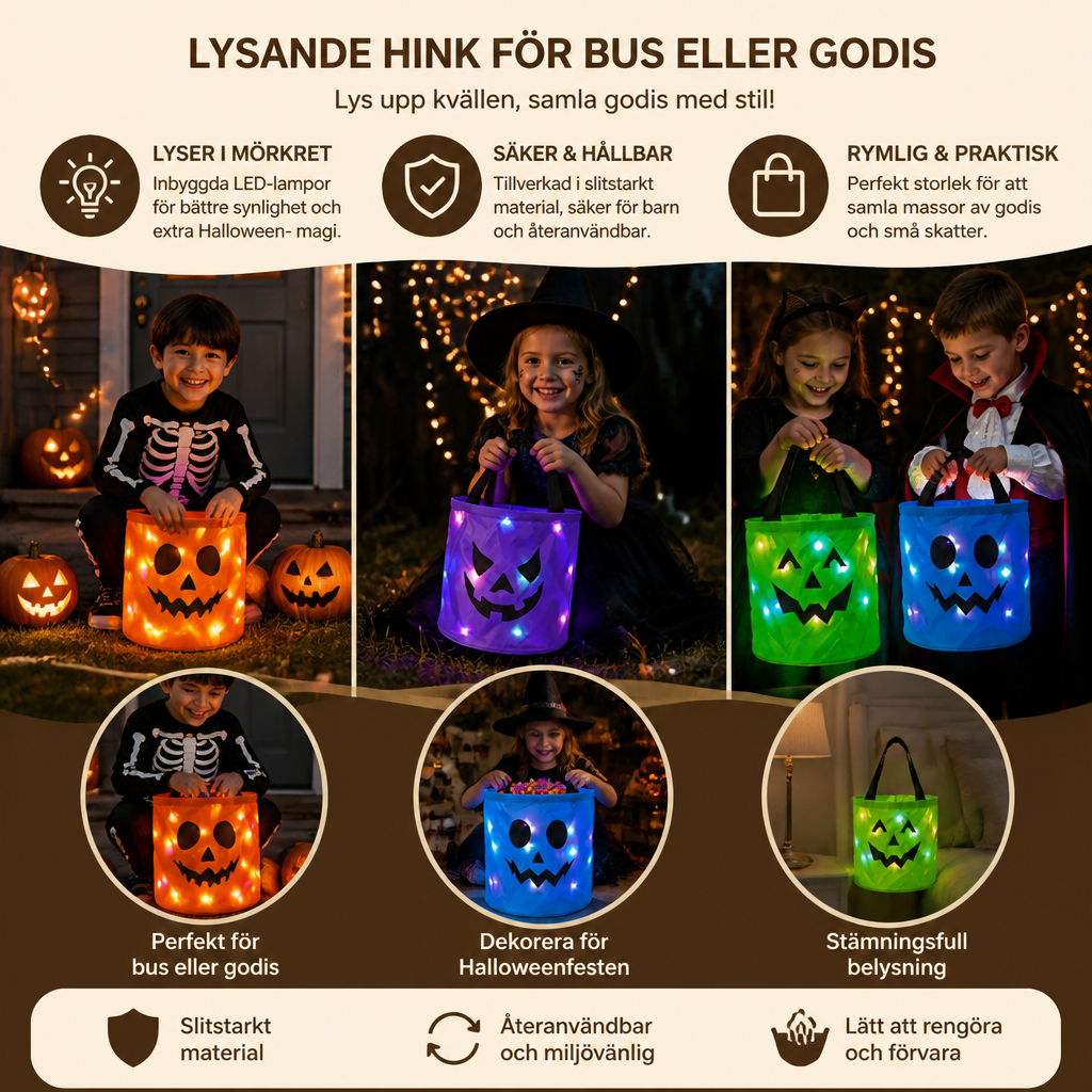 LED-halloweenkorg för godis – återanvändbar lysande väska för bus eller godis