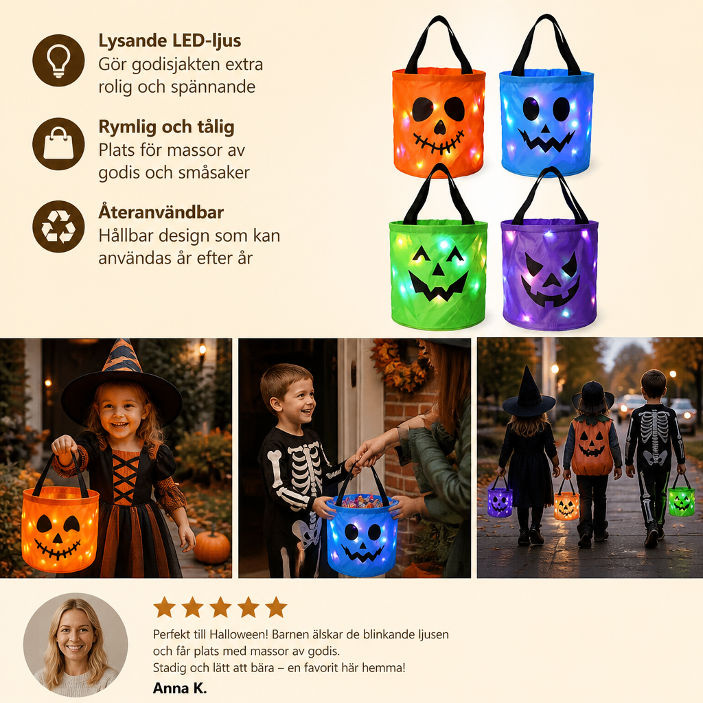 LED-halloweenkorg för godis – återanvändbar lysande väska för bus eller godis