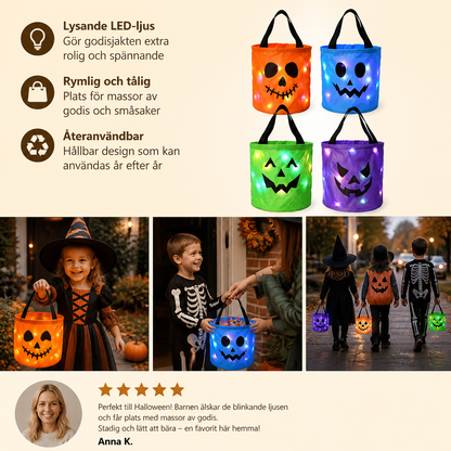 LED-halloweenkorg för godis – återanvändbar lysande väska för bus eller godis