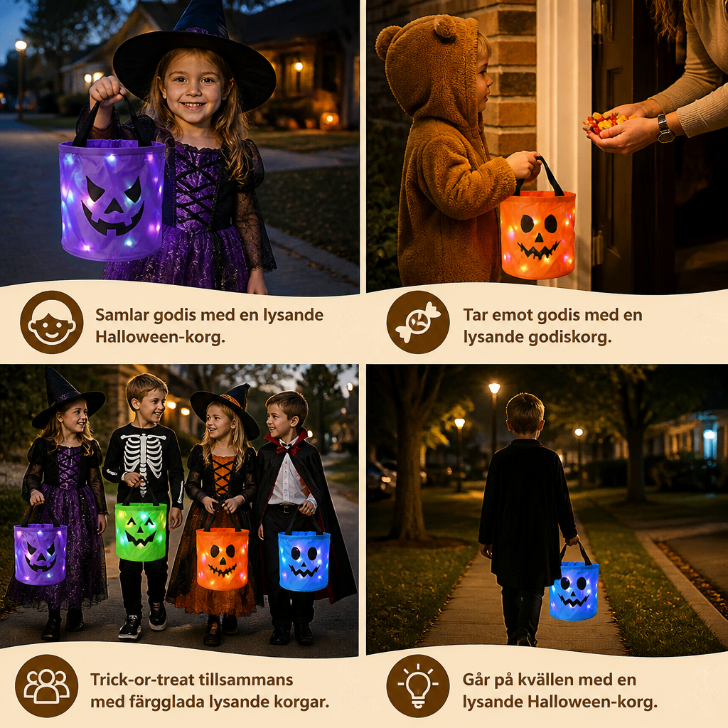 LED-halloweenkorg för godis – återanvändbar lysande väska för bus eller godis