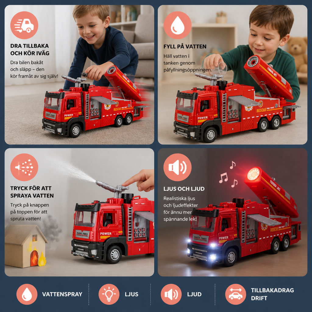 Pull-Back Brandbil Leksak Med Vattenspray, Ljus & Ljud