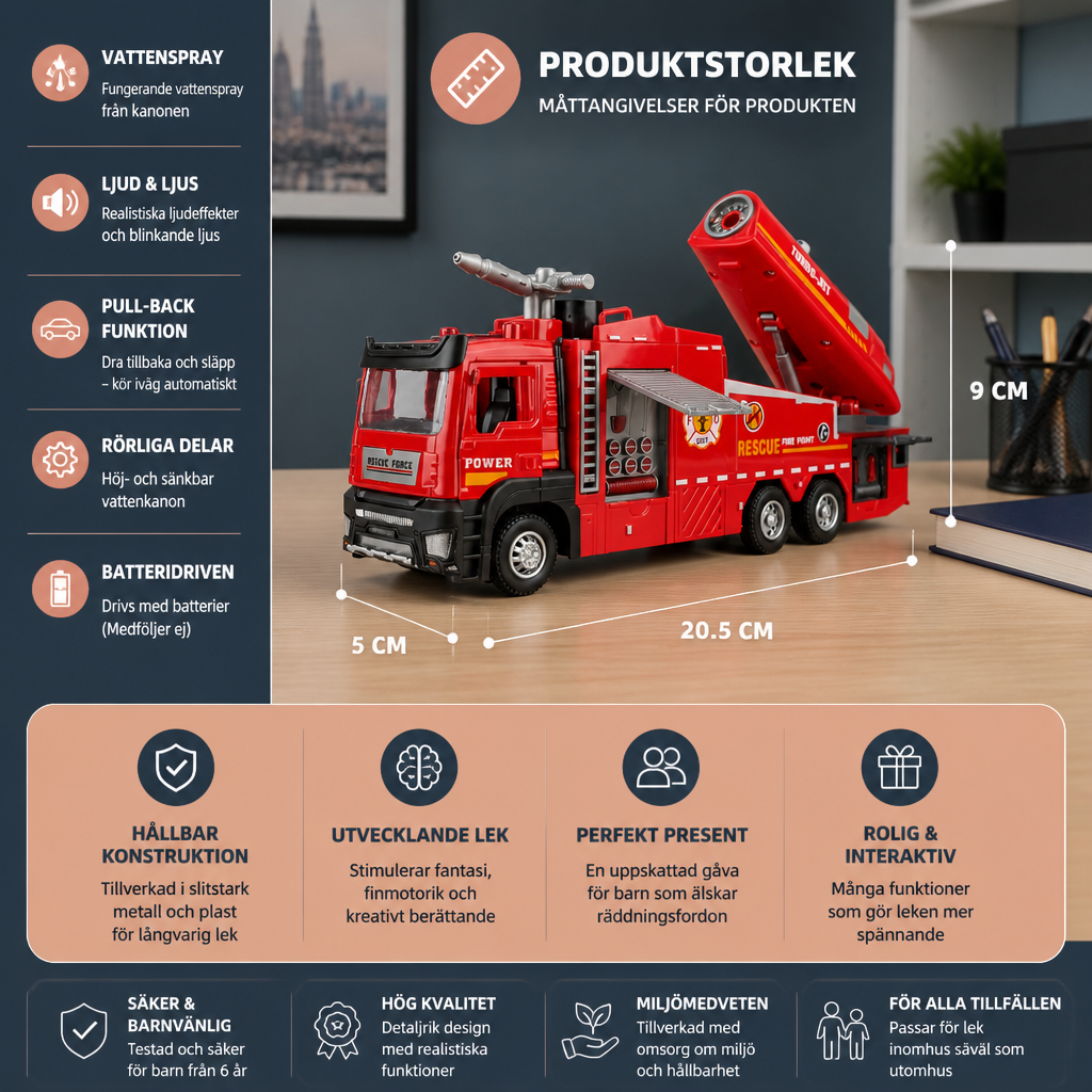 Pull-Back Brandbil Leksak Med Vattenspray, Ljus & Ljud