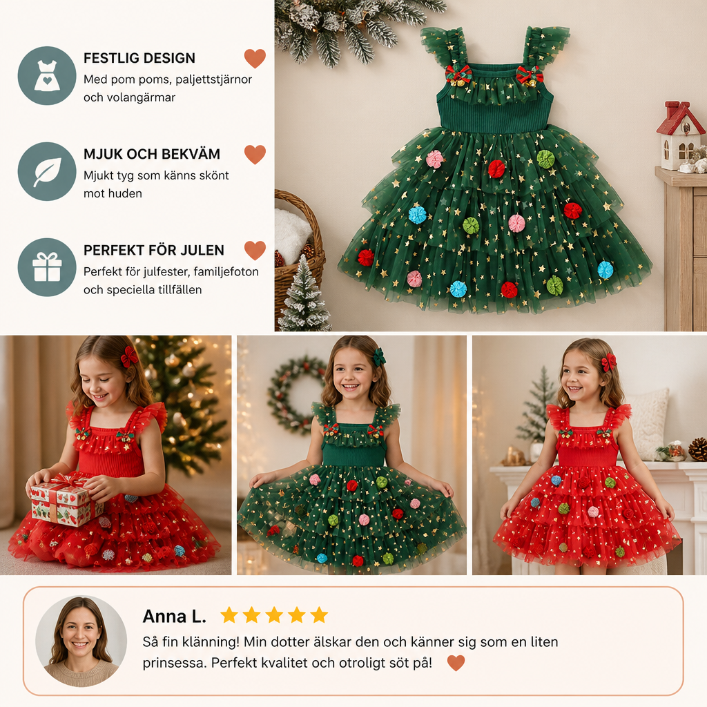 Julklänning i Tyll för Flickor med Pom Poms, Paljettstjärnor och Volangärmar