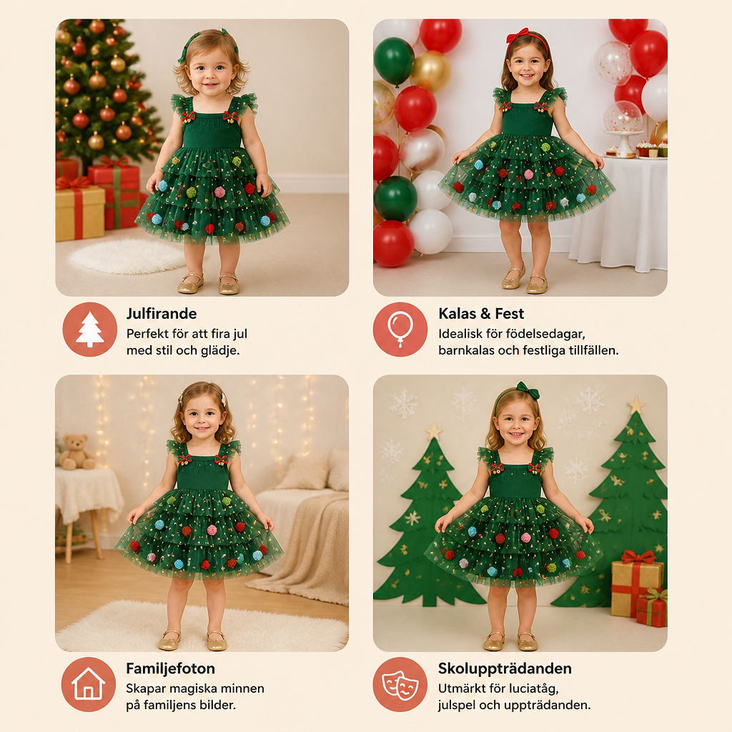 Julklänning i Tyll för Flickor med Pom Poms, Paljettstjärnor och Volangärmar
