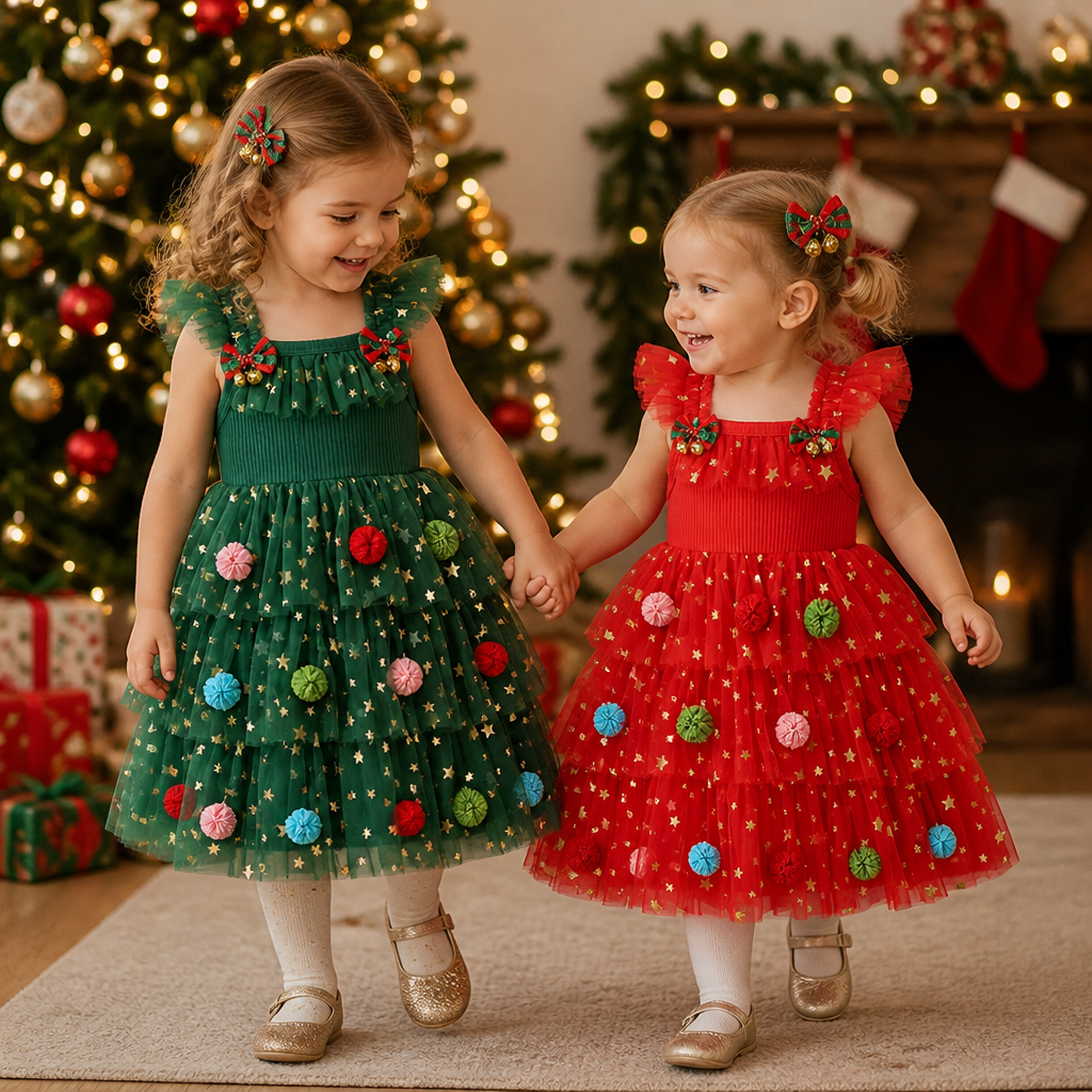 Julklänning i Tyll för Flickor med Pom Poms, Paljettstjärnor och Volangärmar