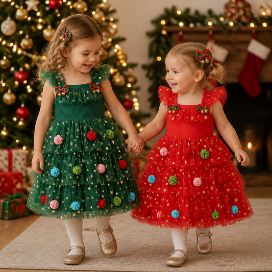 Julklänning i Tyll för Flickor med Pom Poms, Paljettstjärnor och Volangärmar
