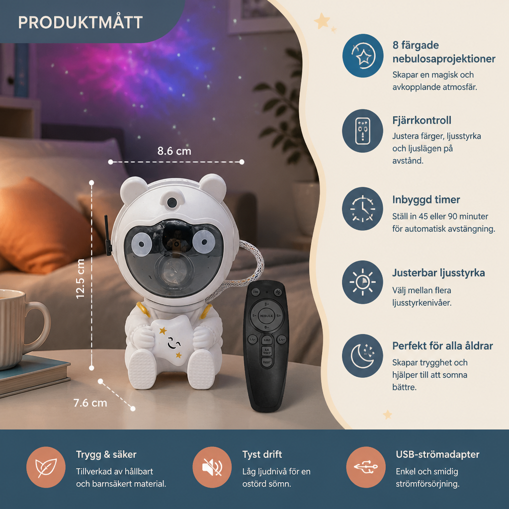Astronaut-Galax- och stjärnprojektor med 8-färgad nebulosaprojektion och fjärrkontroll