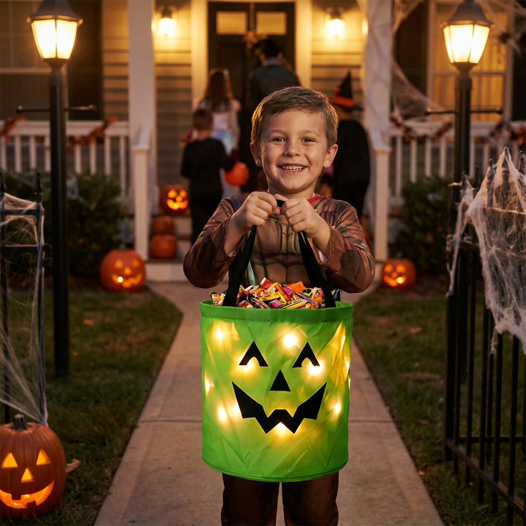 LED-halloweenkorg för godis – återanvändbar lysande väska för bus eller godis
