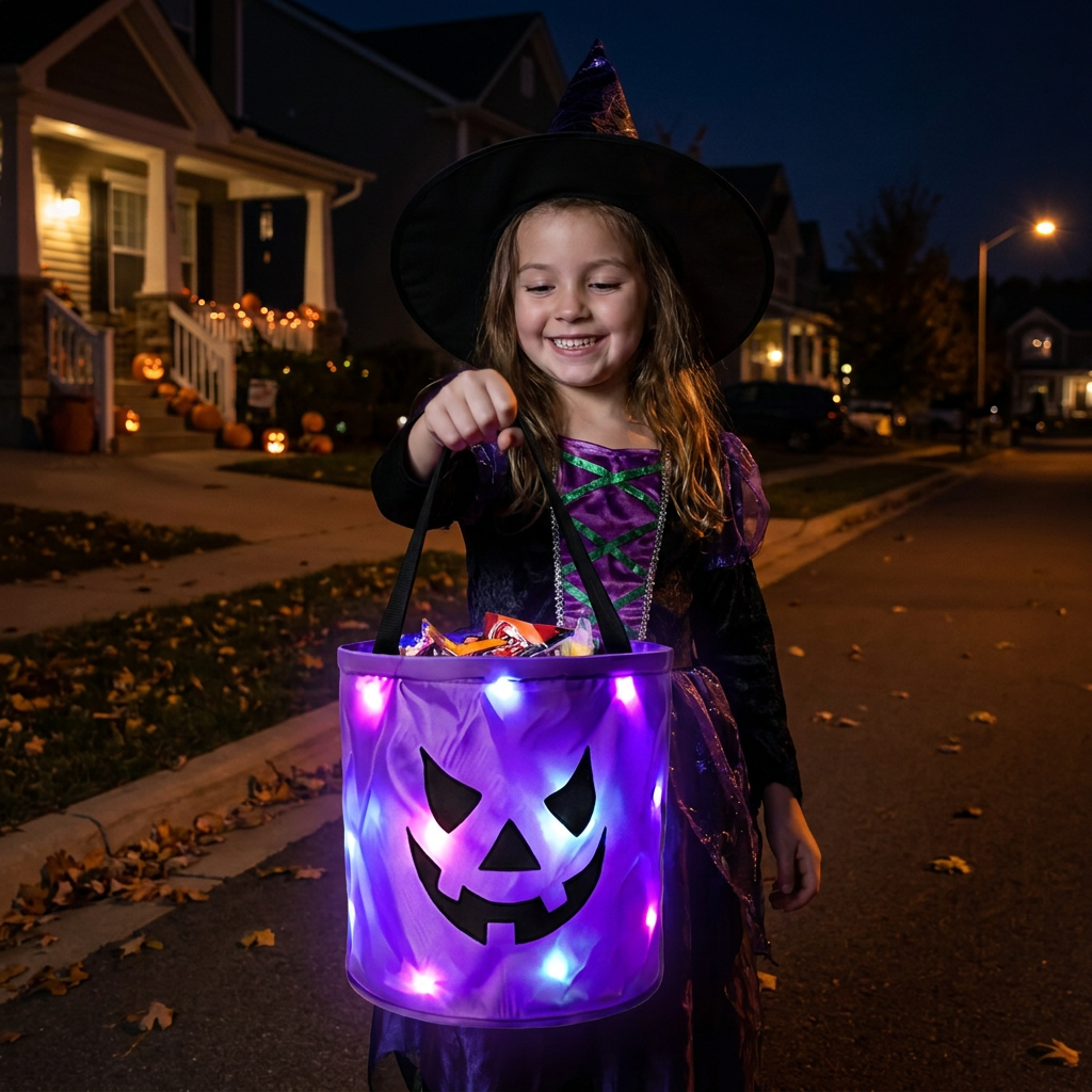 LED-halloweenkorg för godis – återanvändbar lysande väska för bus eller godis