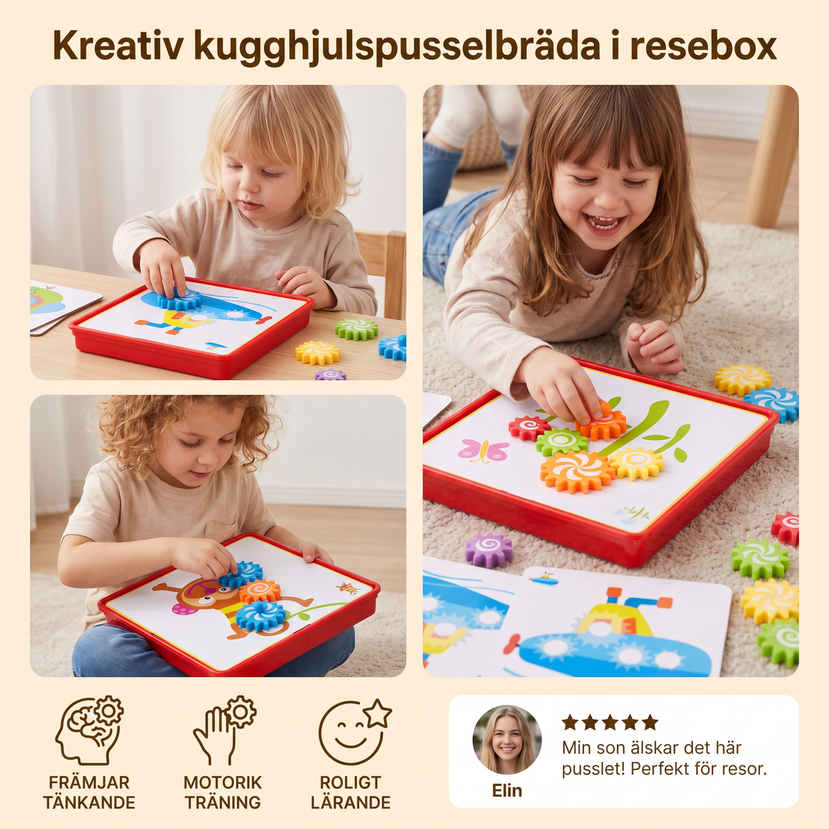 Kreativ kugghjulspusselbräda i resebox med aktivitetskort för barn