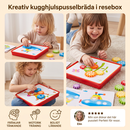 Kreativ kugghjulspusselbräda i resebox med aktivitetskort för barn