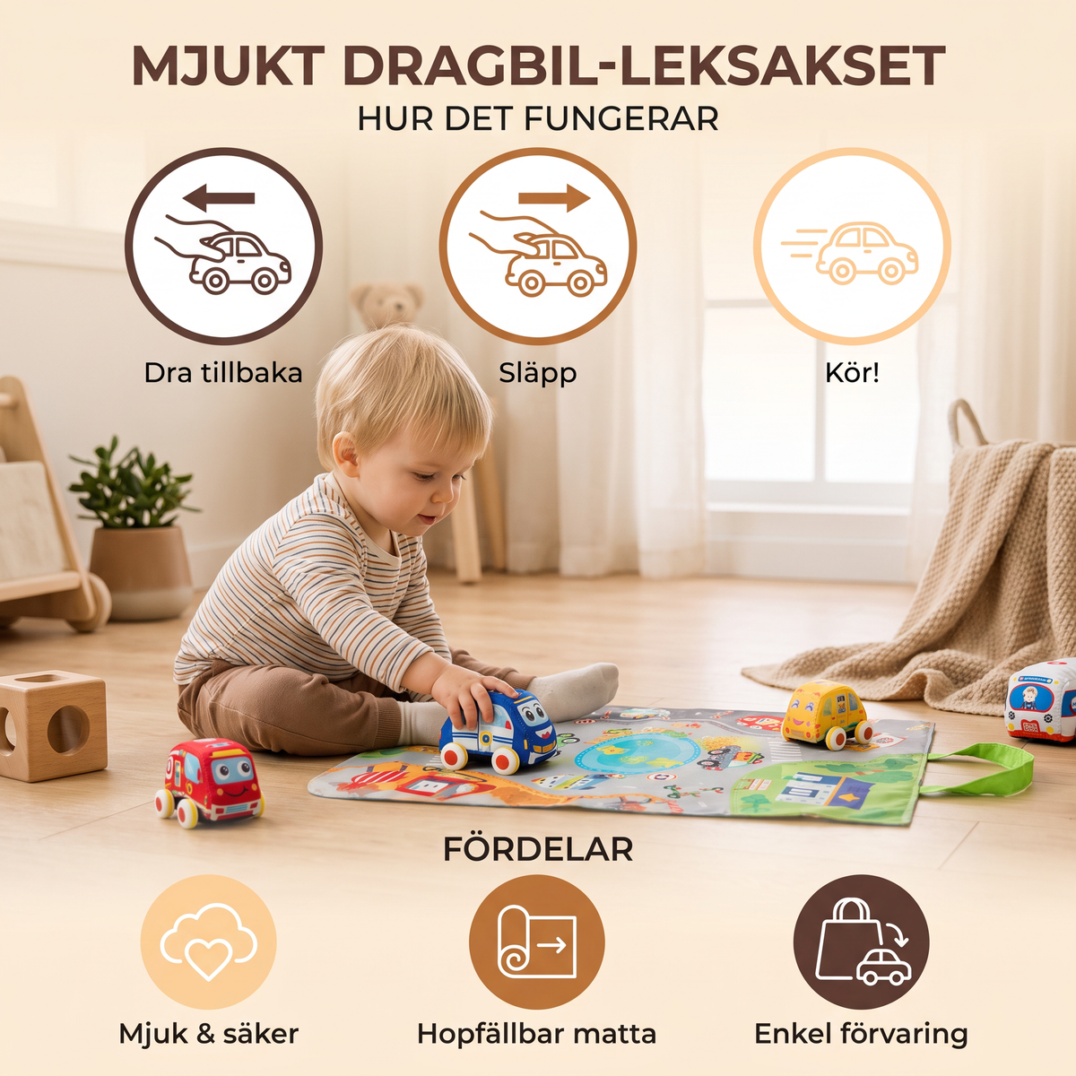 Mjukt dragbil-leksakset med hopfällbar lekmatta och bärväska för småbarn