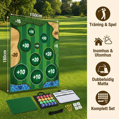 2i1 Golf Tränings- och Lekset – Inomhus- och Utomhus Svingmatta med Målvägg och Klubb